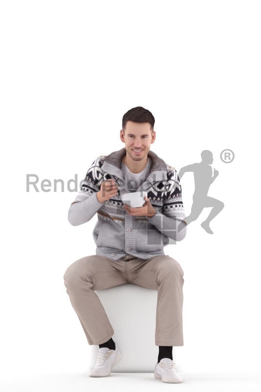 Realistic 3D People model by Renderpeople – european male in daily look, eating cornflakes/soup out of a bowl