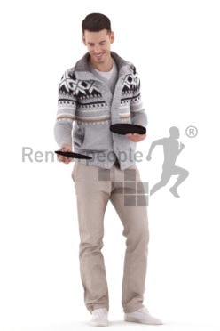 Posed 3D People model for visualization – european man in casual outfit, preparing the table