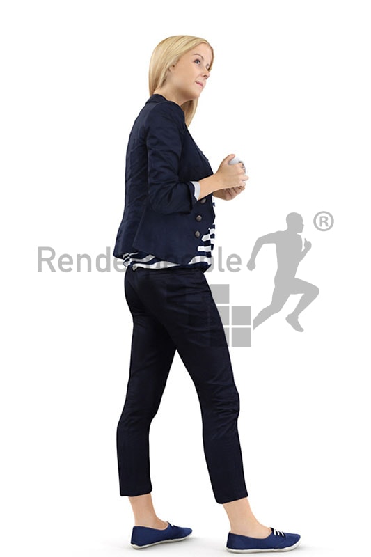 3d people casual, white 3d woman standing and holding a cup