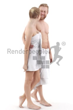 3d people spa, white 3d couple with towls walking