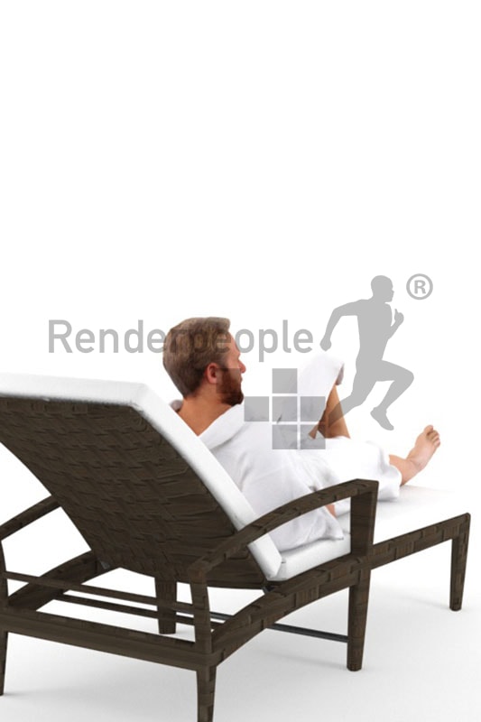3d people spa, white 3d man wearing a bathrobe and lying on a deck chair