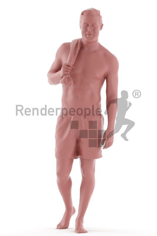 3d people beach, attractive white 3d man walking holding a towel