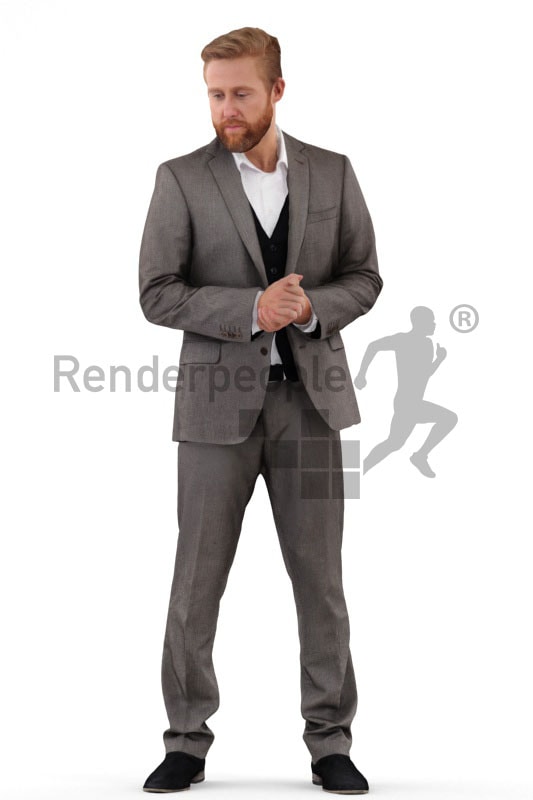 3d people business, white 3d man standing and looking to the ground