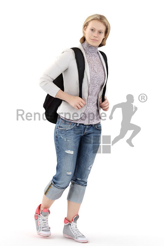 3d people casual, white 3d woman carrying a backpack