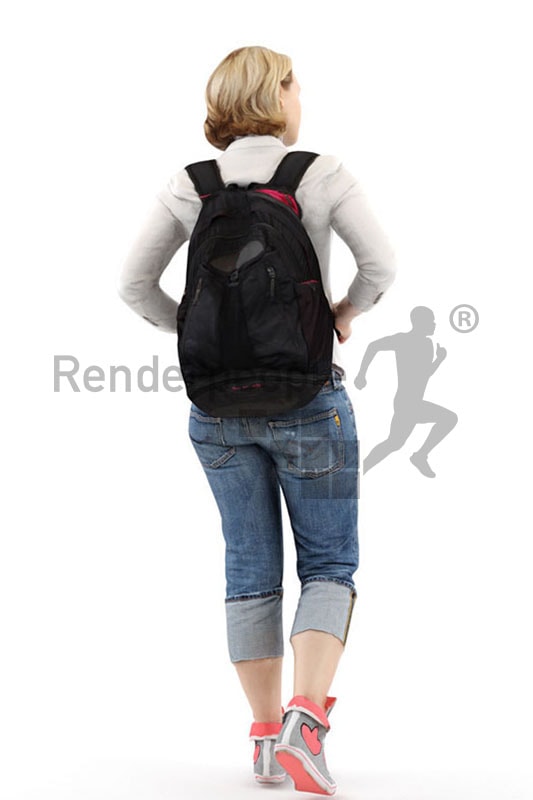 3d people casual, white 3d woman carrying a backpack
