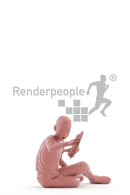 Posed 3D People model for renderings – asian boy, playing with his toy