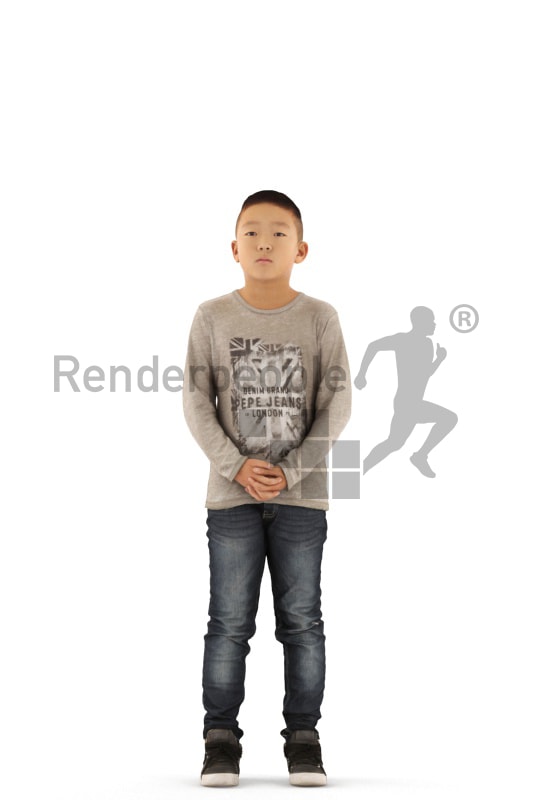 3d people casual, asian 3d kid standing and waiting