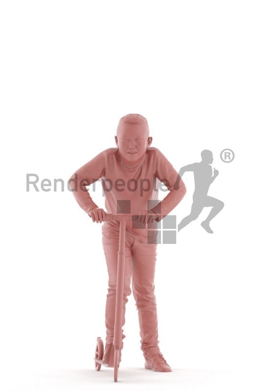 Posed 3D People model for renderings – asian kid in daily outfit, on a scooter