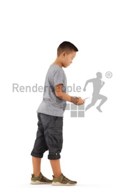 3d people casual, asian 3d kid walking with his phone
