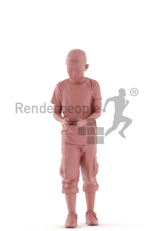 3d people casual, asian 3d kid walking with his phone