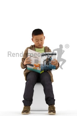 3d people casual, asian 3d kid sitting and reading