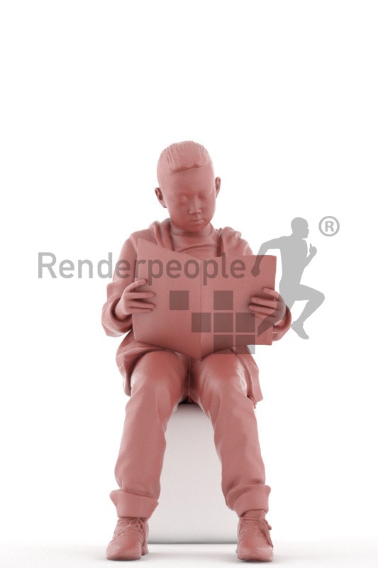 3d people casual, asian 3d kid sitting and reading