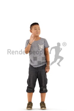 3d people casual, asian 3d kid standing and waving