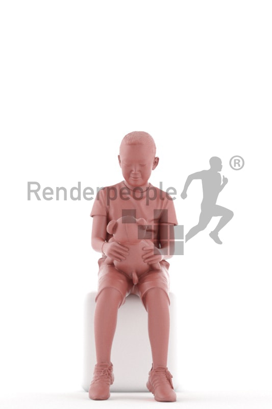 3d people casual, asian 3d kid sitting and playing with a teddybear