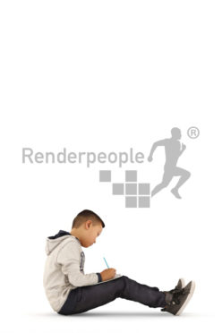 3d people casual, asian 3d kid sitting and drawing