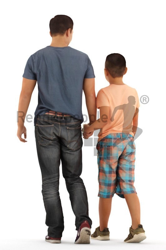 3D People model for 3ds Max and Blender – asian man in daily look, walking with his son