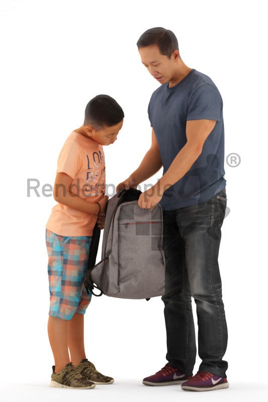 Scanned human 3D model by Renderpeople – asian man with his son, casual look, standing wánd looking into the bag