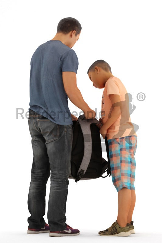 Scanned human 3D model by Renderpeople – asian man with his son, casual look, standing wánd looking into the bag