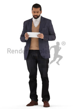 3d people business, indian 3d man standing and looking on his tablet