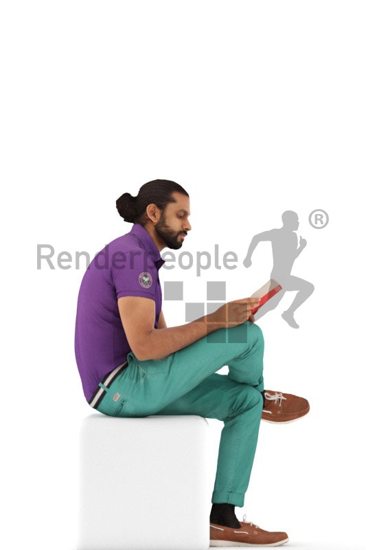 3d people casual, indian 3d man sitting and reading a book