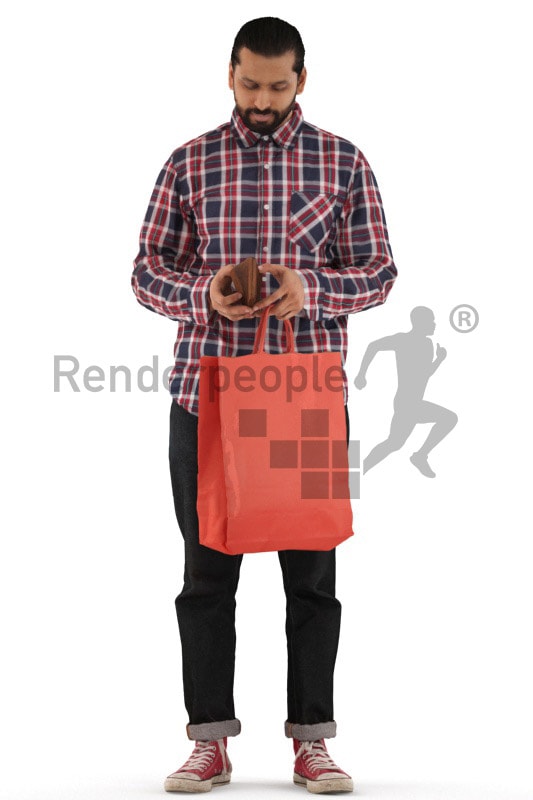 3d people casual, indian 3d man standing and holding his shopping bag