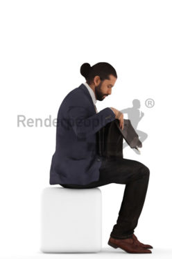 3d people business, indian 3d man sitting and checking briefcase