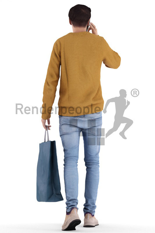Posed 3D People model for visualization – walking white man, carrying a shoppingbag and calling