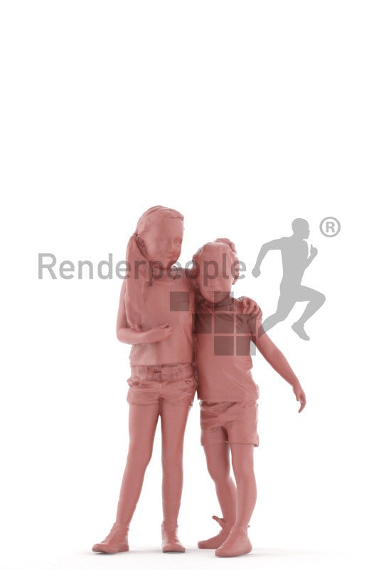 3d people groups, white 3d kids holding each other and smiling