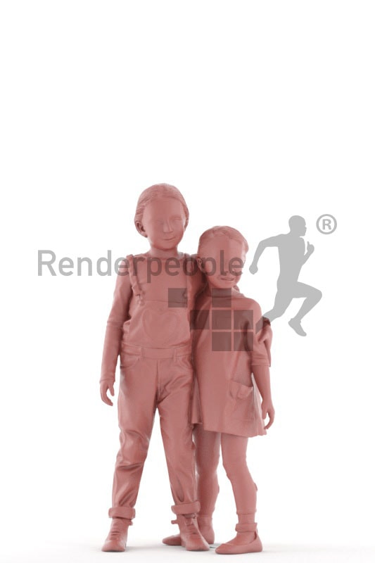 3d people groups, white 3d kids holding each other and smiling
