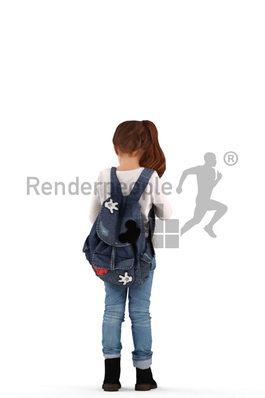3d people casual, white 3d kid standing and playing with her smartphone and carrying a bag
