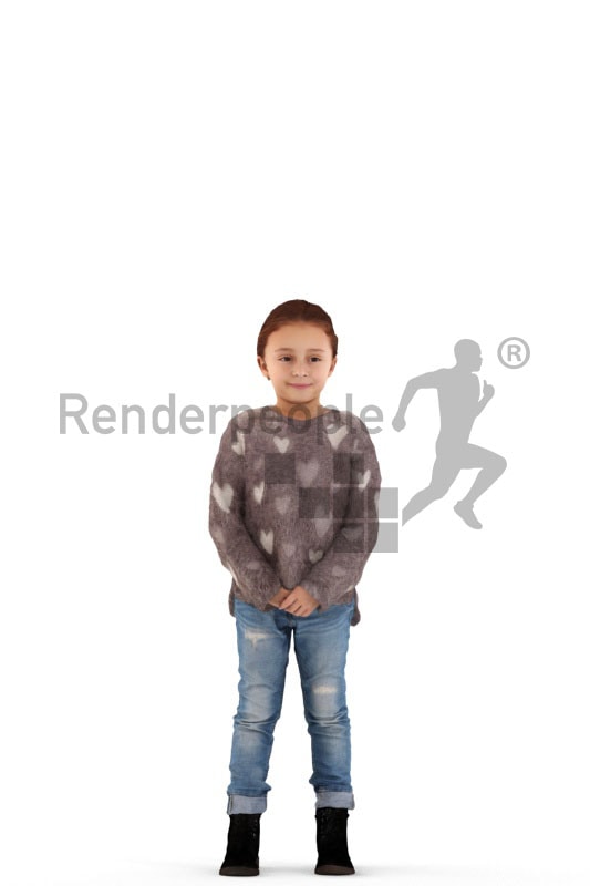 3d people casual, white 3d kid standing and holding her hands