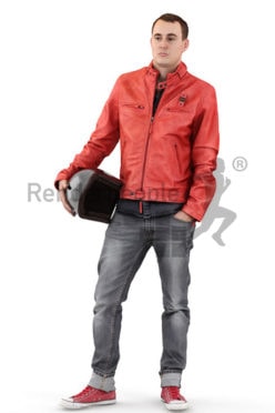 3d people casual, white 3d man wearing a red jacket and carrying a motorcycle helmet