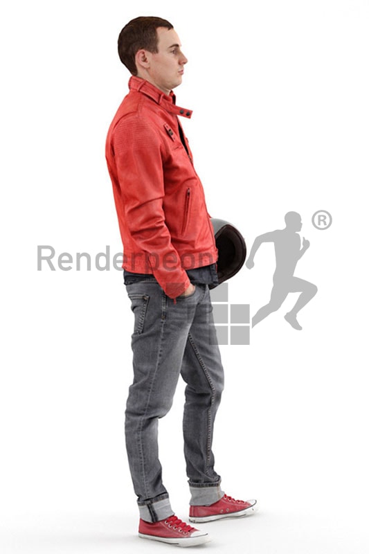 3d people casual, white 3d man wearing a red jacket and carrying a motorcycle helmet
