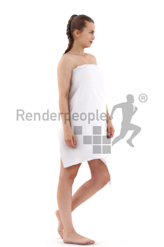 3d people spa, white 3d woman covered with a towl walking
