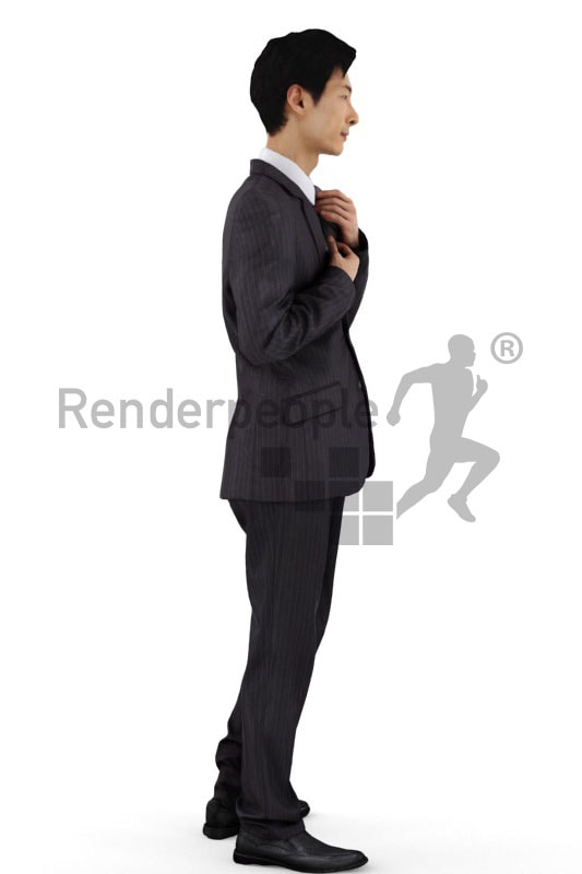 3d people business, asian 3d man wearing a suit and standing in front of a mirror