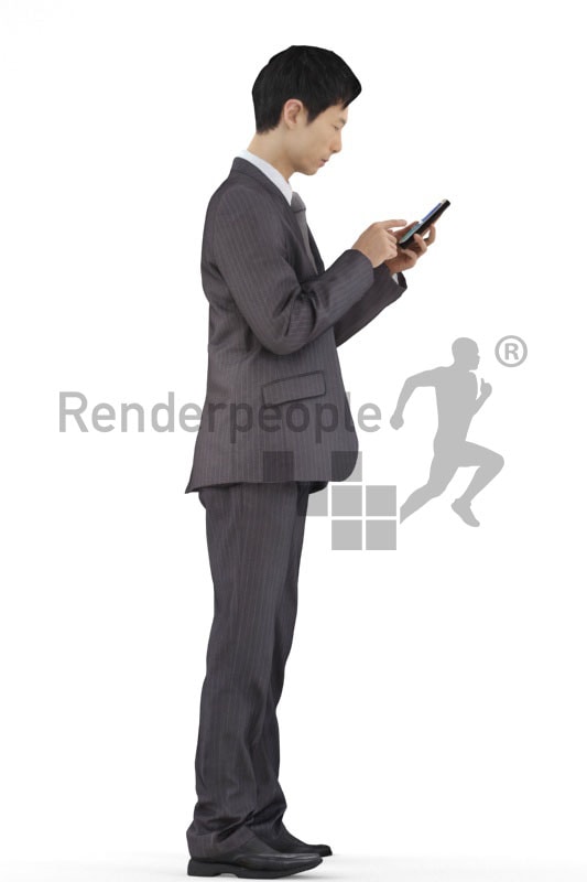 3d people business, asian 3d men standing and using his smartphone