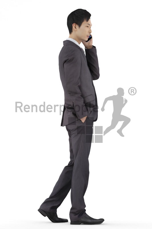3d people business, asian 3d men walking with mobile phone