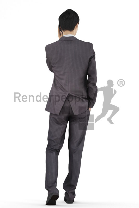 3d people business, asian 3d men walking with mobile phone