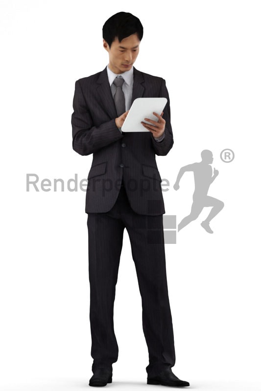 3d people business, asian 3d man standing and typing on his tablet