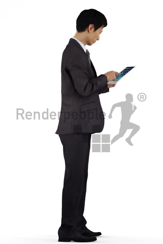 3d people business, asian 3d man standing and typing on his tablet