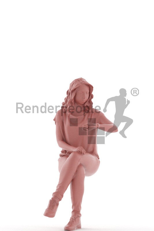 Scanned 3D People model for visualization – european woman in casual spring outfit, sitting and checking the time