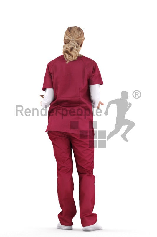 Scanned 3D People model for visualization – european female wearing medical wear, holding a clipboard and interacting