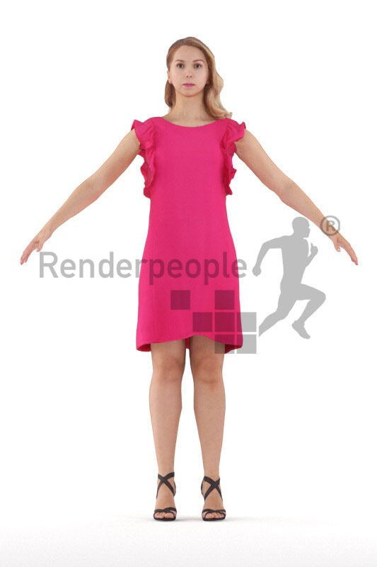 Rigged human 3D model by Renderpeople – caucasian woman in chic pink event dress