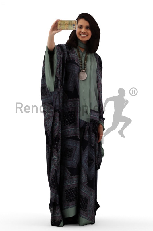 3d people casual, indian 3d woman in traditional clothes taking a photo