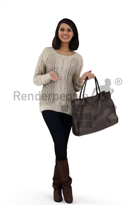 3d people shopping, indian 3d woman carrying her purse