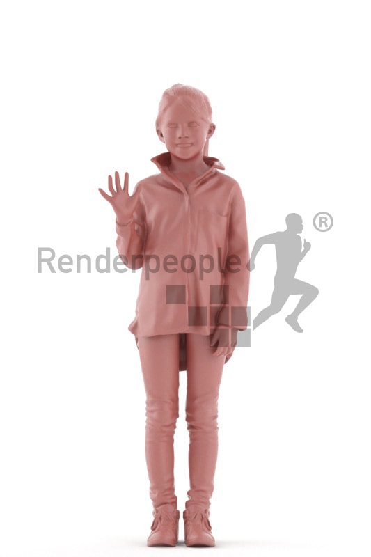 3d people casual, white 3d kid standing and waving her hand