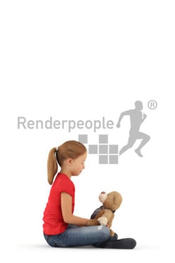 3d people casual, white 3d kid sitting playing with her teddybear