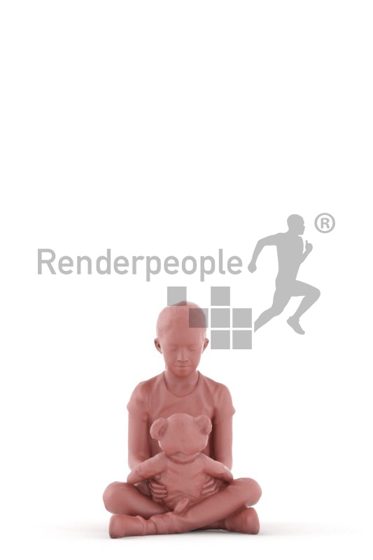 3d people casual, white 3d kid sitting playing with her teddybear