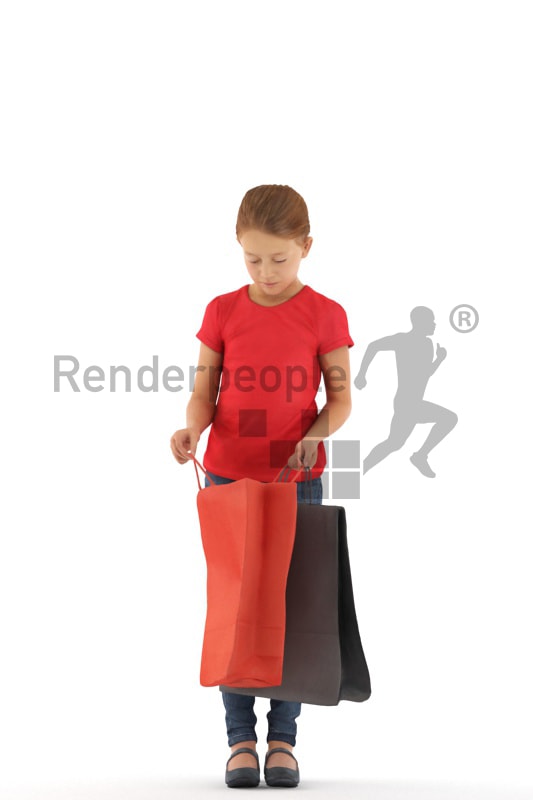 3d people casual, white 3d kid standing and looking into her shopping bag