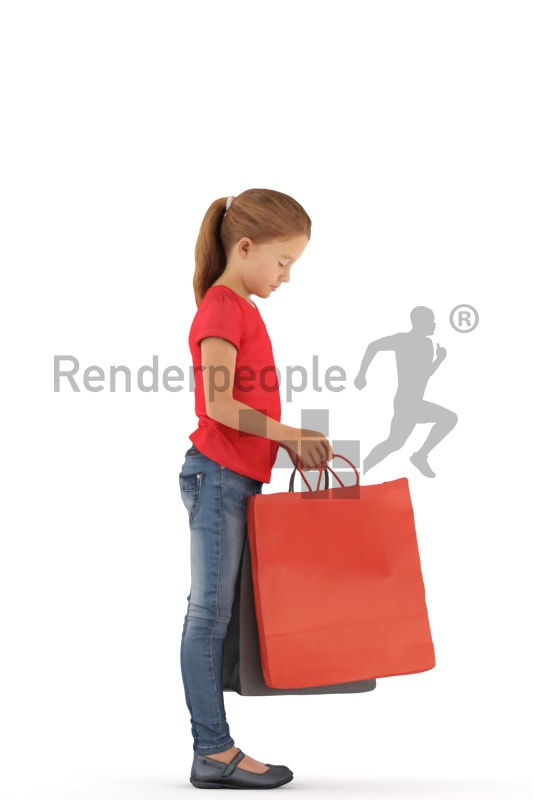 3d people casual, white 3d kid standing and looking into her shopping bag
